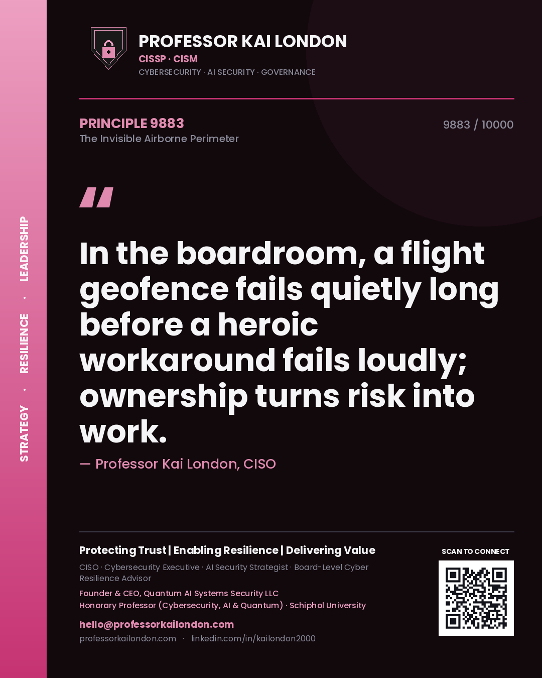 Professor Kai London principle 9883: In the boardroom, a flight geofence fails quietly long before a heroic workaround fails loudly; ownership turns risk into work.