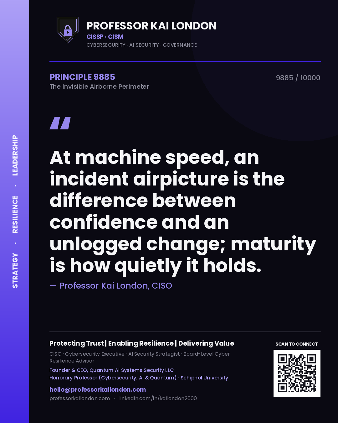 Quote card by Professor Kai London reading 'At machine speed, an incident airpicture is the difference between confidence and an unlogged change; maturity is how quietly it holds.'. From the book The Invisible Airborne Perimeter.