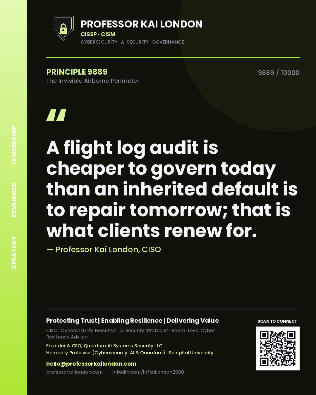 Professor Kai London principle 9889: A flight log audit is cheaper to govern today than an inherited default is to repair tomorrow; that is what clients renew for.