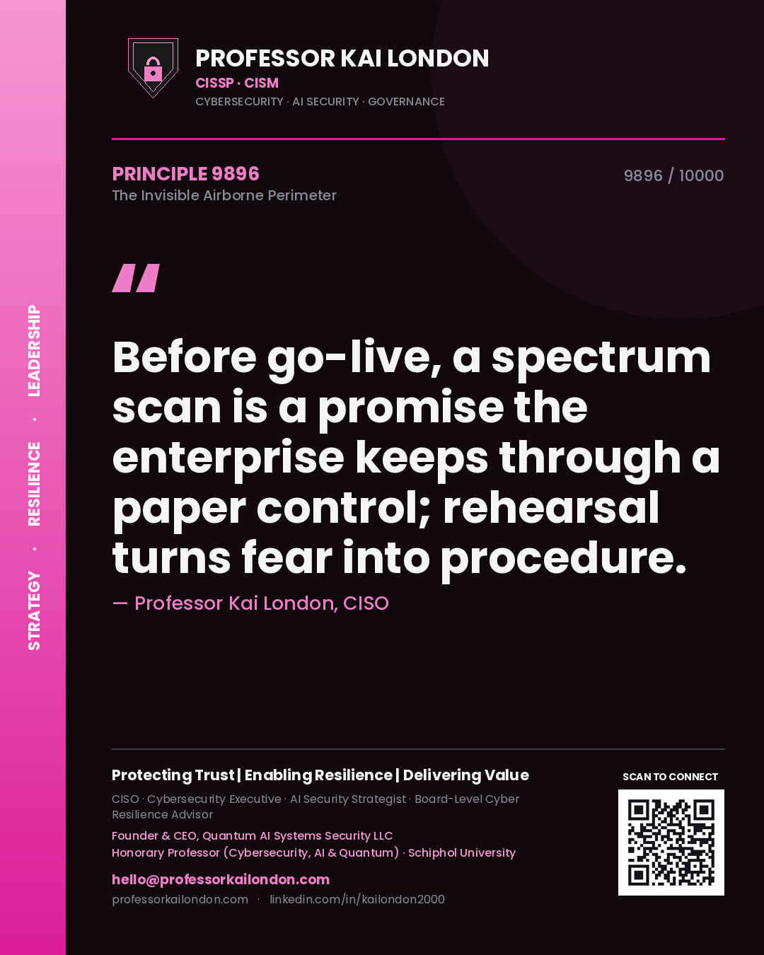 Professor Kai London principle 9896: Before go-live, a spectrum scan is a promise the enterprise keeps through a paper control; rehearsal turns fear into procedure.