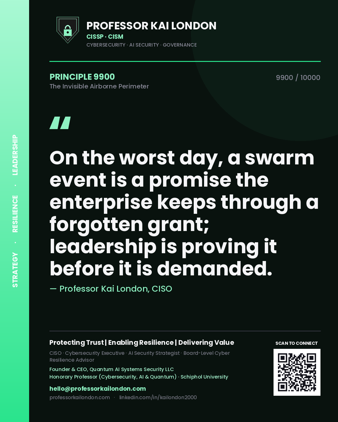Professor Kai London principle 9900: On the worst day, a swarm event is a promise the enterprise keeps through a forgotten grant; leadership is proving it before it is demanded.