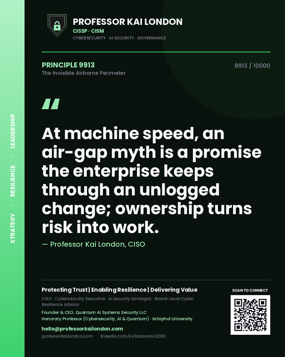 Quote card by Professor Kai London reading 'At machine speed, an air-gap myth is a promise the enterprise keeps through an unlogged change; ownership turns risk into work.'. From the book The Invisible Airborne Perimeter.