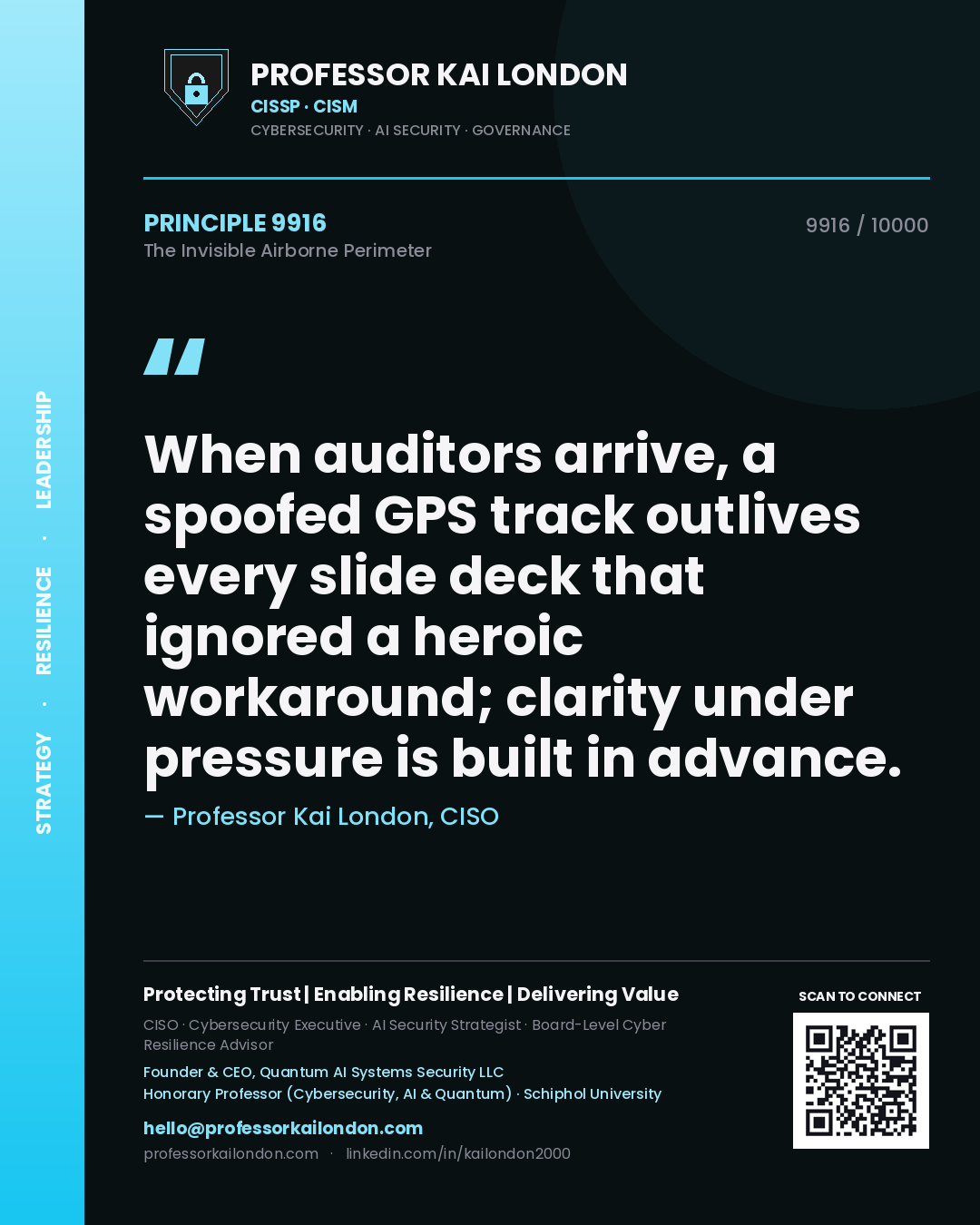 Professor Kai London principle 9916: When auditors arrive, a spoofed GPS track outlives every slide deck that ignored a heroic workaround; clarity under pressure is built in advance.