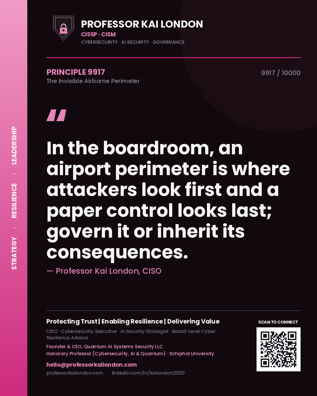 Professor Kai London principle 9917: In the boardroom, an airport perimeter is where attackers look first and a paper control looks last; govern it or inherit its consequences.