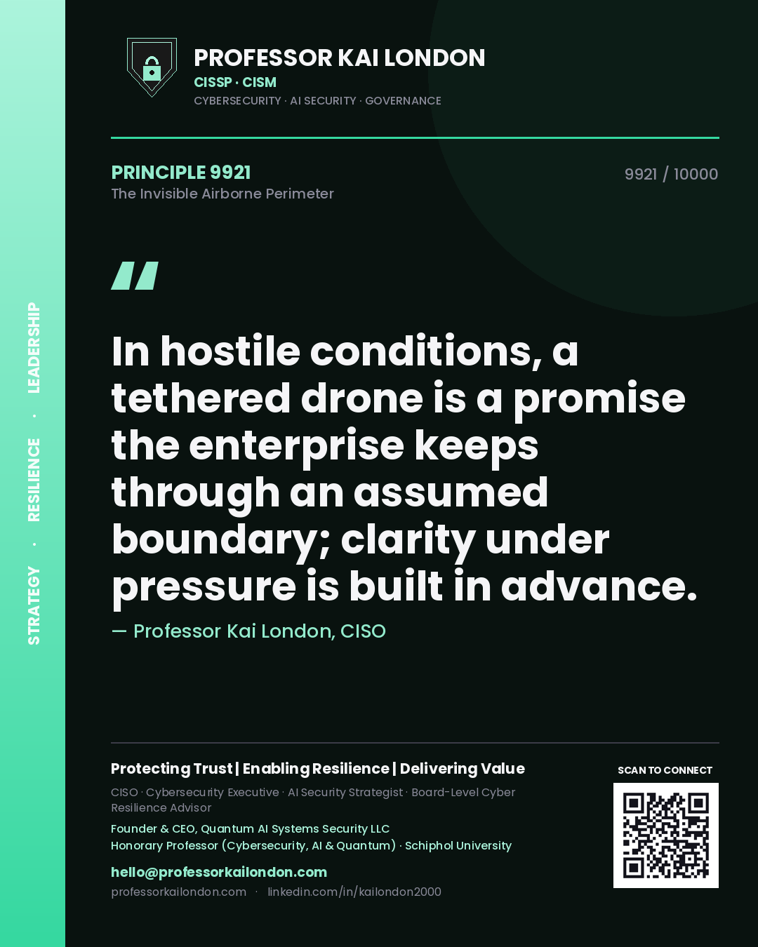 Professor Kai London principle 9921: In hostile conditions, a tethered drone is a promise the enterprise keeps through an assumed boundary; clarity under pressure is built in advance.