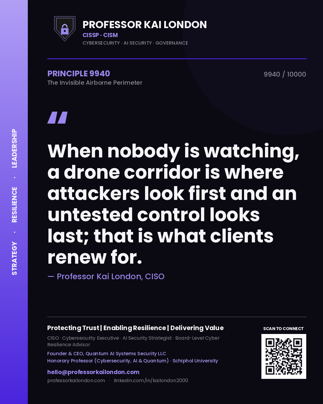 Quote card by Professor Kai London reading 'When nobody is watching, a drone corridor is where attackers look first and an untested control looks last; that is what clients renew for.'. From the book The Invisible Airborne Perimeter.