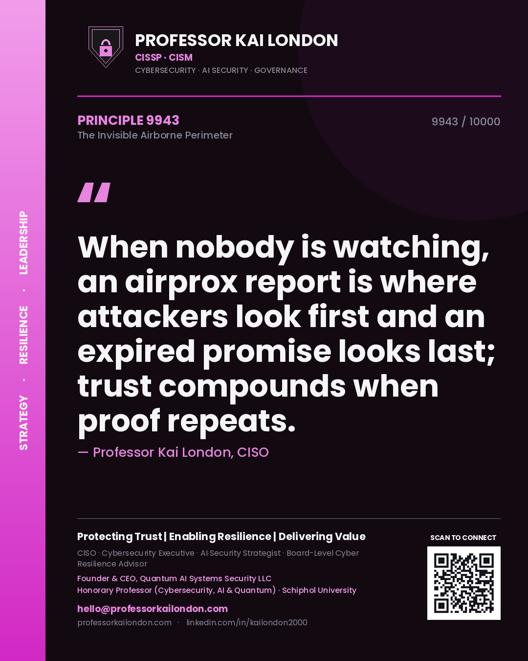 Professor Kai London principle 9943: When nobody is watching, an airprox report is where attackers look first and an expired promise looks last; trust compounds when proof repeats.