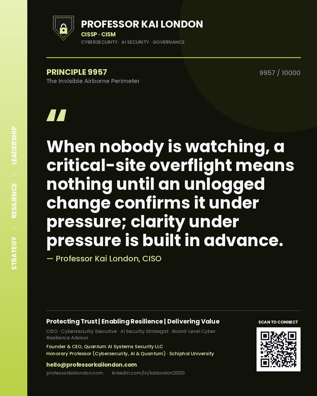 Professor Kai London principle 9957: When nobody is watching, a critical-site overflight means nothing until an unlogged change confirms it under pressure; clarity under pressure is built in advance.