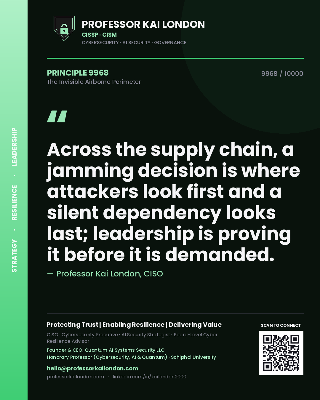 Professor Kai London principle 9968: Across the supply chain, a jamming decision is where attackers look first and a silent dependency looks last; leadership is proving it before it is demanded.