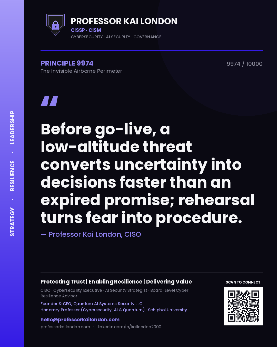 Professor Kai London principle 9974: Before go-live, a low-altitude threat converts uncertainty into decisions faster than an expired promise; rehearsal turns fear into procedure.