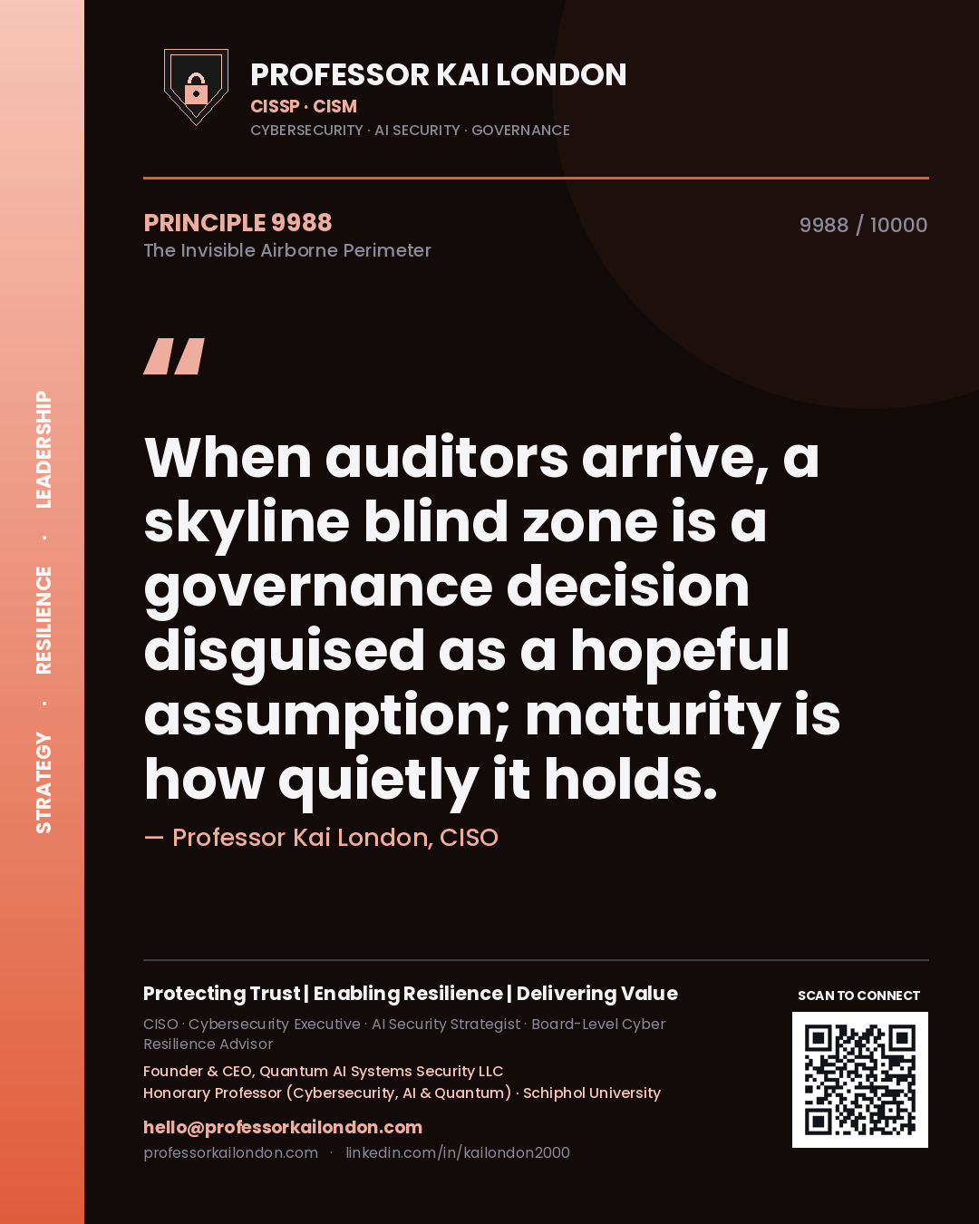 Professor Kai London principle 9988: When auditors arrive, a skyline blind zone is a governance decision disguised as a hopeful assumption; maturity is how quietly it holds.