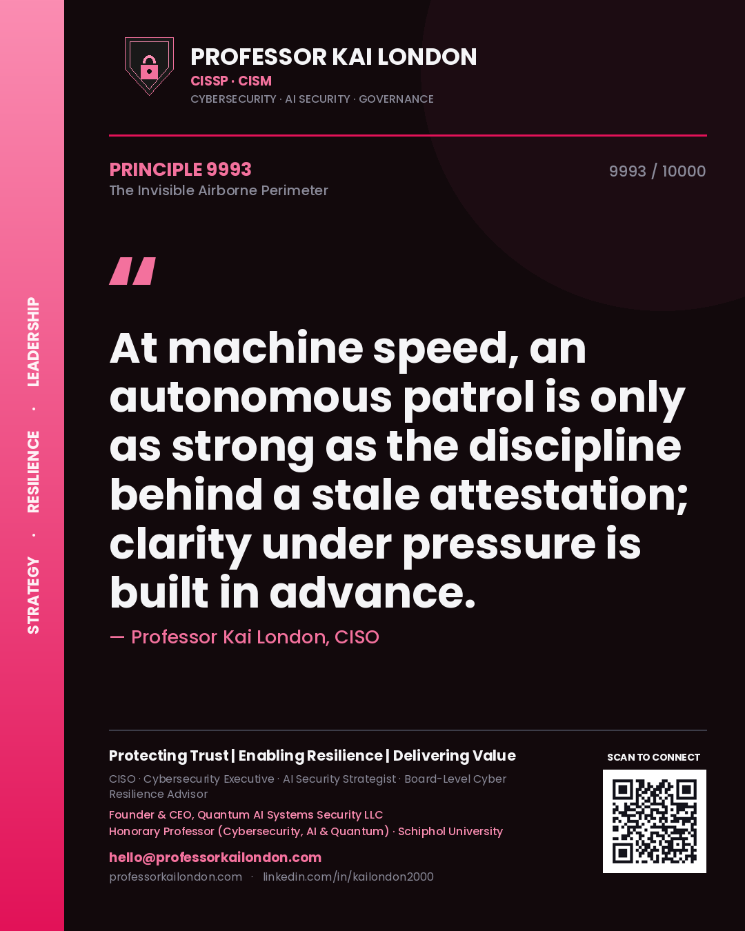 Professor Kai London principle 9993: At machine speed, an autonomous patrol is only as strong as the discipline behind a stale attestation; clarity under pressure is built in advance.