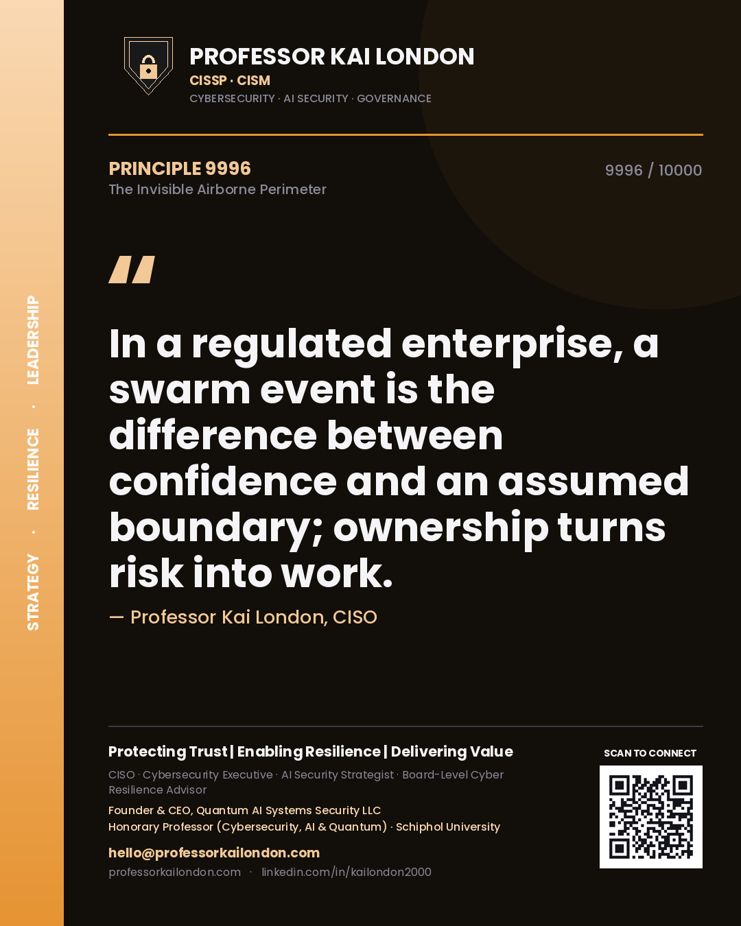 Professor Kai London principle 9996: In a regulated enterprise, a swarm event is the difference between confidence and an assumed boundary; ownership turns risk into work.