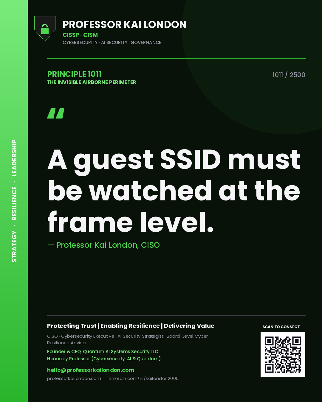 Quote card by Professor Kai London reading 'A guest SSID must be watched at the frame level.'. From the book The Invisible Airborne Perimeter.