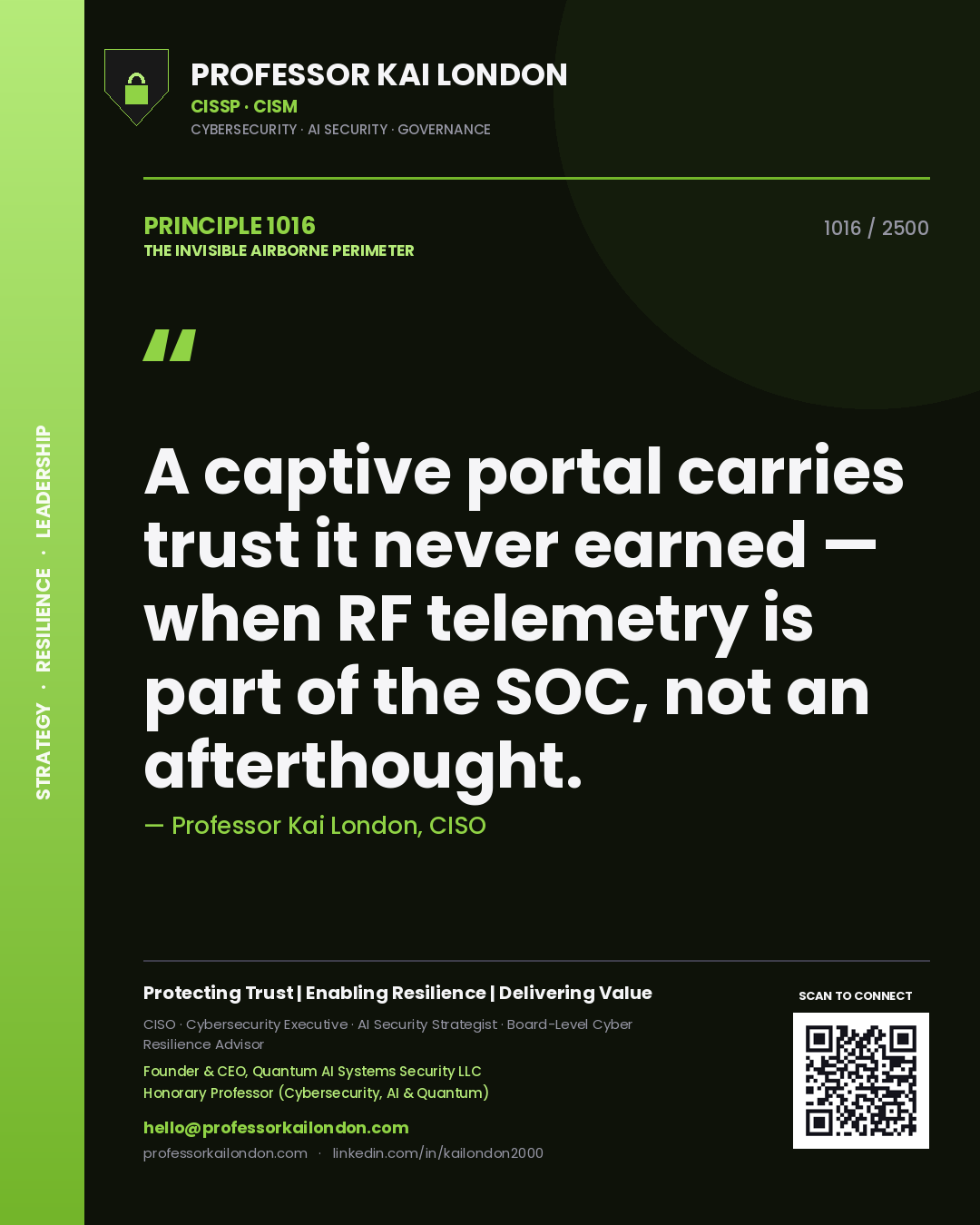 Quote card by Professor Kai London reading 'A captive portal carries trust it never earned — when RF telemetry is part of the SOC, not an afterthought.'. From the book The Invisible Airborne Perimeter.