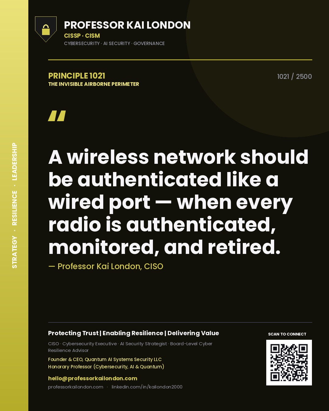 Quote card by Professor Kai London reading 'A wireless network should be authenticated like a wired port — when every radio is authenticated, monitored, and retired.'. From the book The Invisible Airborne Perimeter.