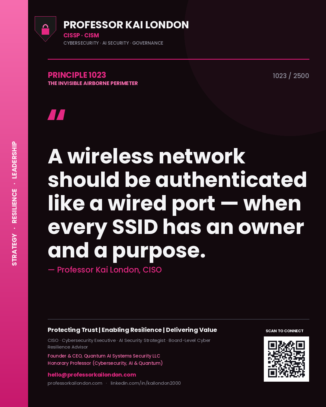Quote card by Professor Kai London reading 'A wireless network should be authenticated like a wired port — when every SSID has an owner and a purpose.'. From the book The Invisible Airborne Perimeter.