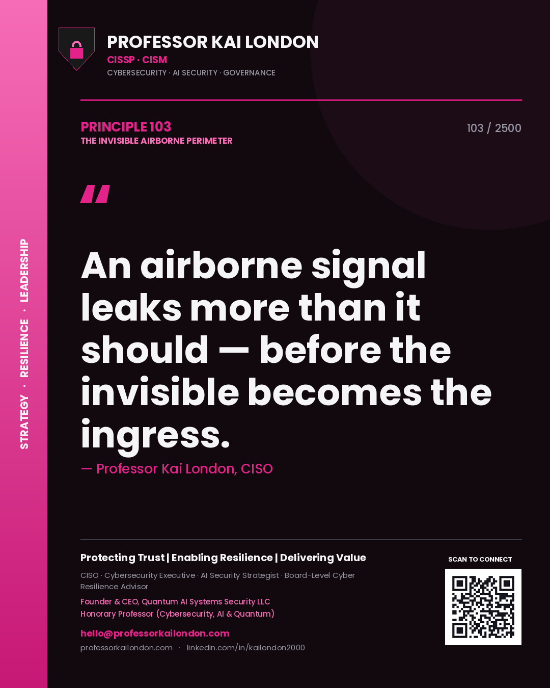 Quote card by Professor Kai London reading 'An airborne signal leaks more than it should — before the invisible becomes the ingress.'. From the book The Invisible Airborne Perimeter.