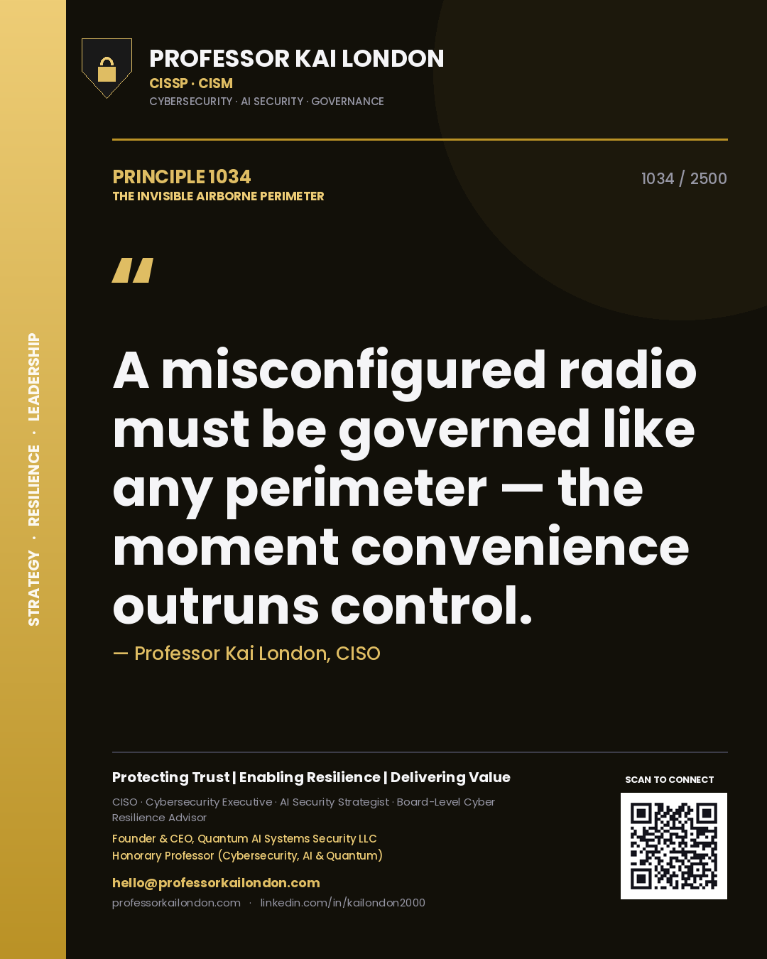 Quote card by Professor Kai London reading 'A misconfigured radio must be governed like any perimeter — the moment convenience outruns control.'. From the book The Invisible Airborne Perimeter.