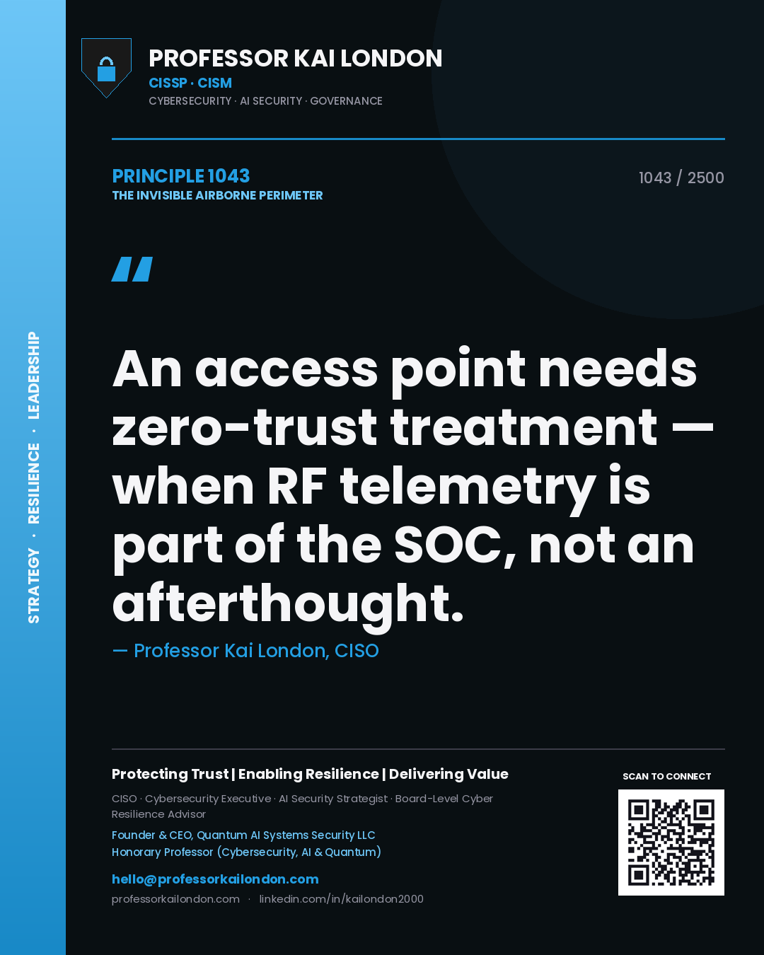 Quote card by Professor Kai London reading 'An access point needs zero-trust treatment — when RF telemetry is part of the SOC, not an afterthought.'. From the book The Invisible Airborne Perimeter.