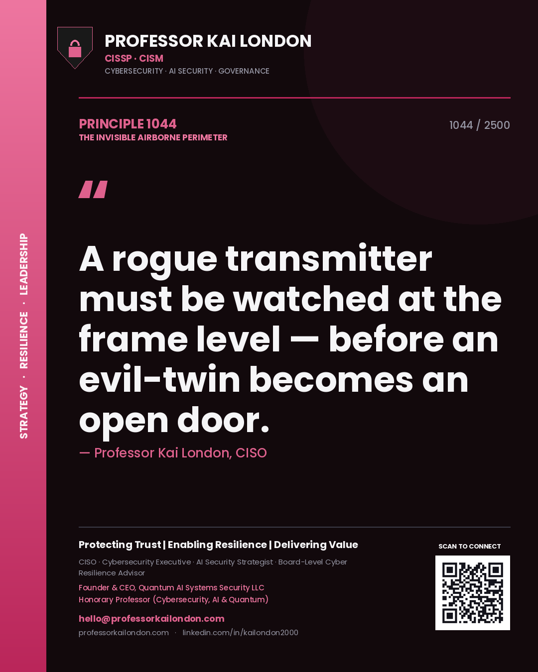 Quote card by Professor Kai London reading 'A rogue transmitter must be watched at the frame level — before an evil-twin becomes an open door.'. From the book The Invisible Airborne Perimeter.