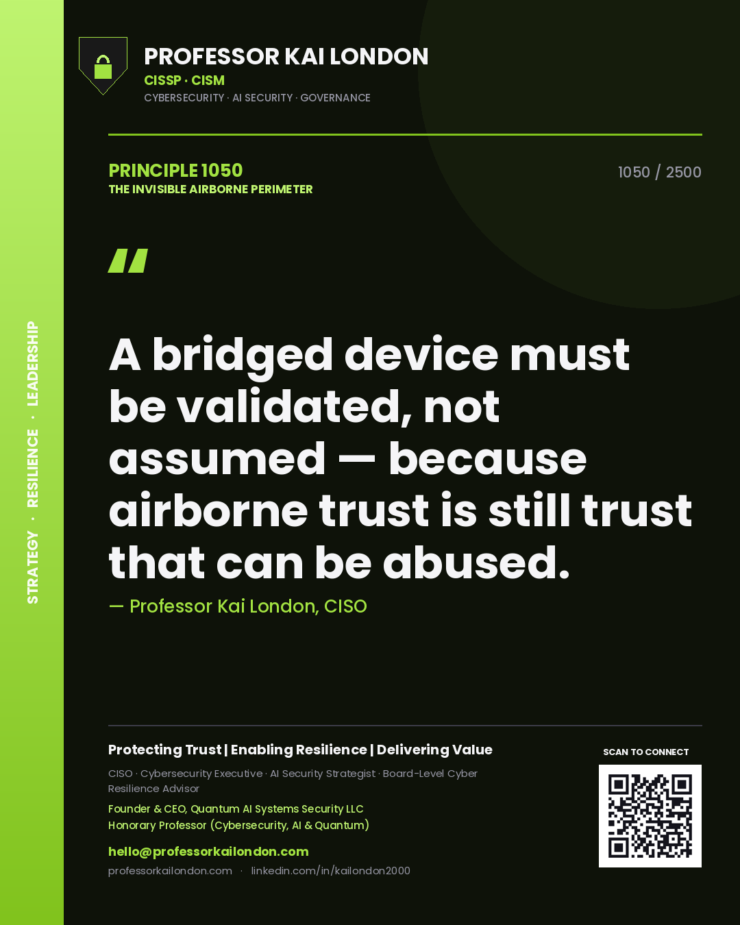 Quote card by Professor Kai London reading 'A bridged device must be validated, not assumed — because airborne trust is still trust that can be abused.'. From the book The Invisible Airborne Perimeter.