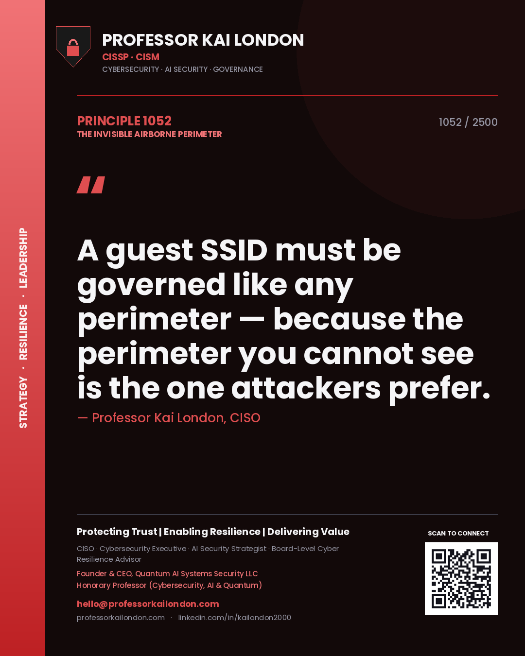 Quote card by Professor Kai London reading 'A guest SSID must be governed like any perimeter — because the perimeter you cannot see is the one attackers prefer.'. From the book The Invisible Airborne Perimeter.