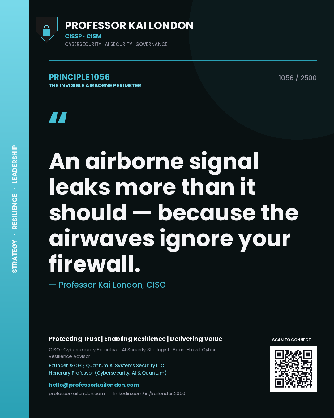 Quote card by Professor Kai London reading 'An airborne signal leaks more than it should — because the airwaves ignore your firewall.'. From the book The Invisible Airborne Perimeter.