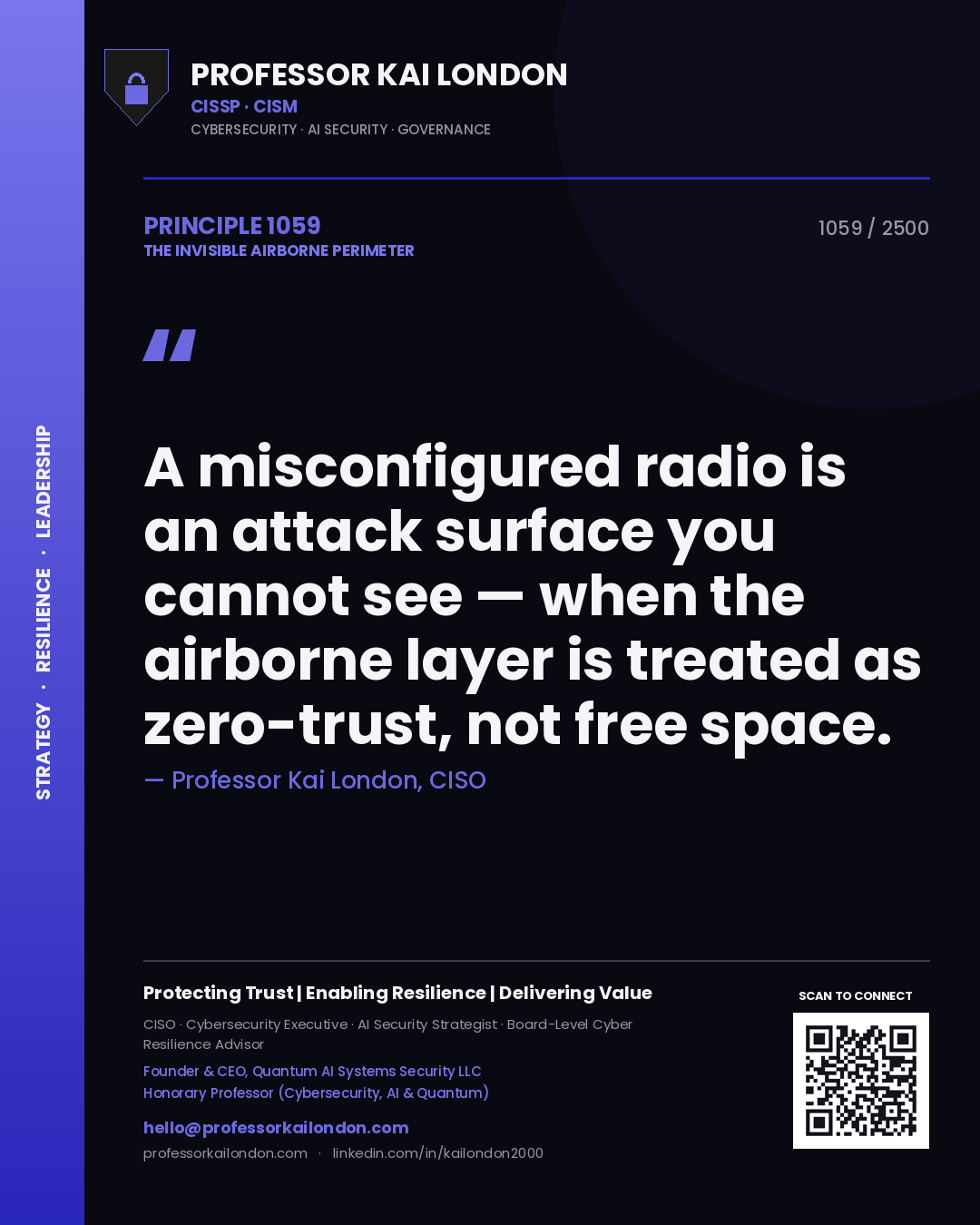 Quote card by Professor Kai London reading 'A misconfigured radio is an attack surface you cannot see — when the airborne layer is treated as zero-trust, not free space.'. From the book The Invisible Airborne Perimeter.