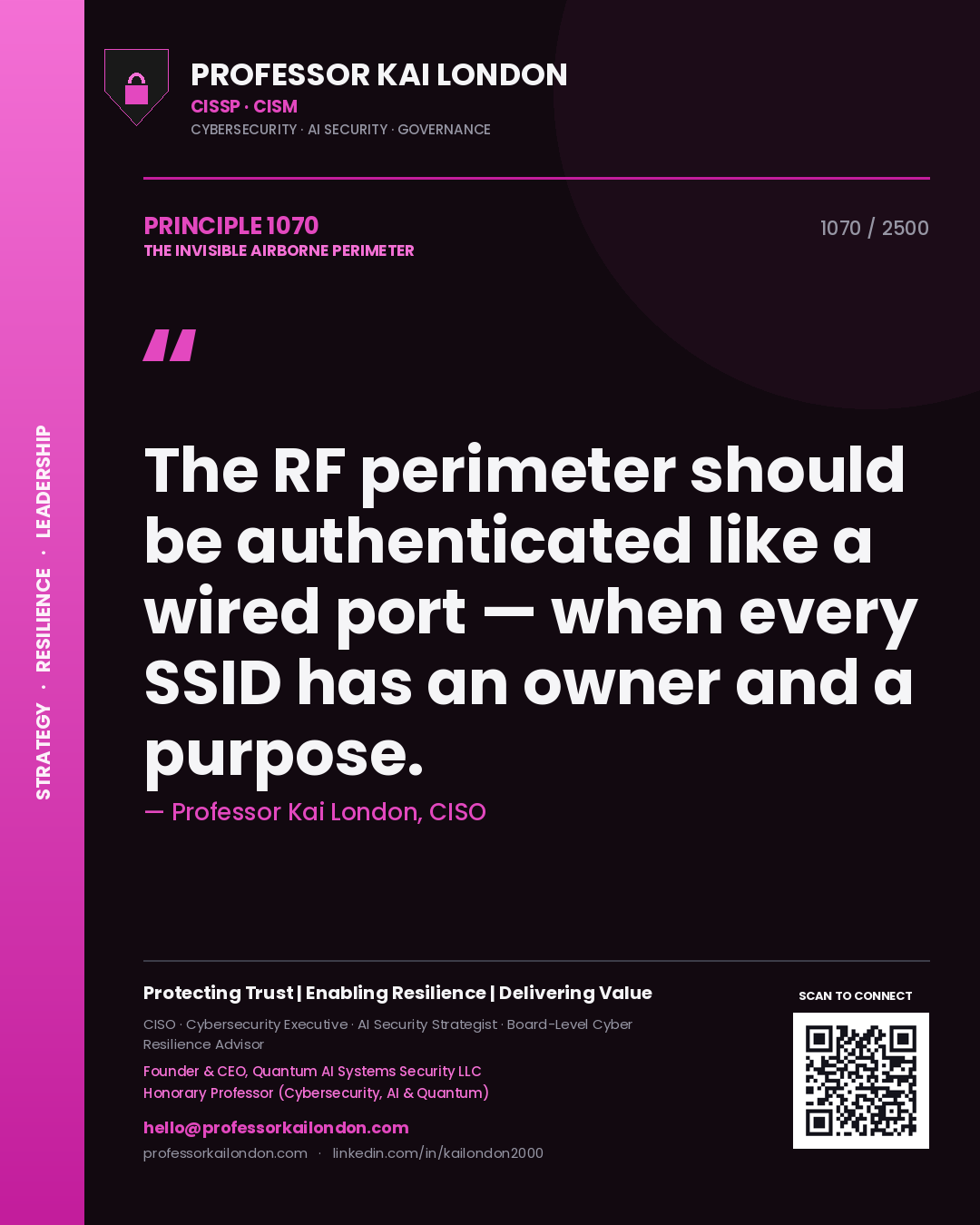 Quote card by Professor Kai London reading 'The RF perimeter should be authenticated like a wired port — when every SSID has an owner and a purpose.'. From the book The Invisible Airborne Perimeter.