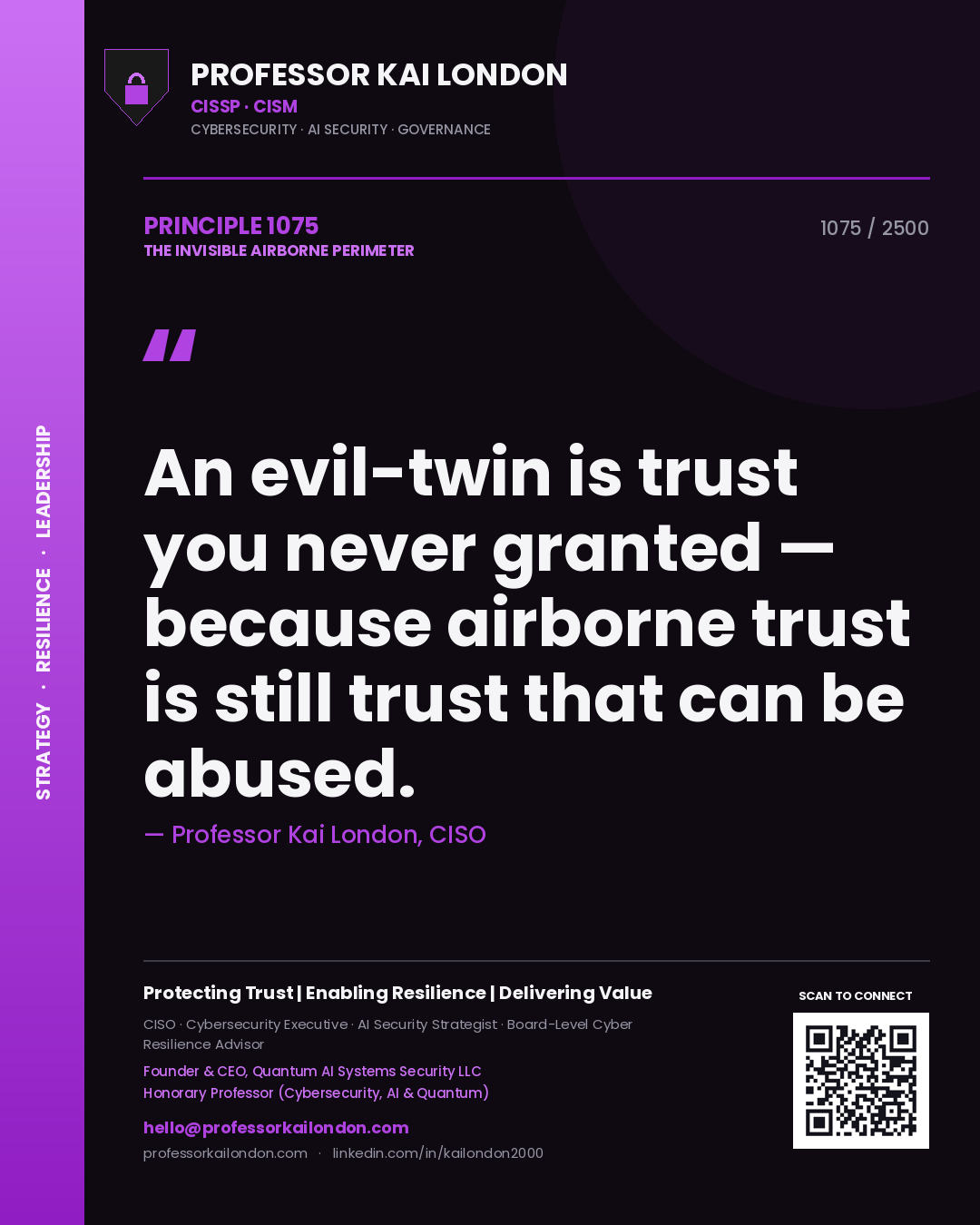 Quote card by Professor Kai London reading 'An evil-twin is trust you never granted — because airborne trust is still trust that can be abused.'. From the book The Invisible Airborne Perimeter.