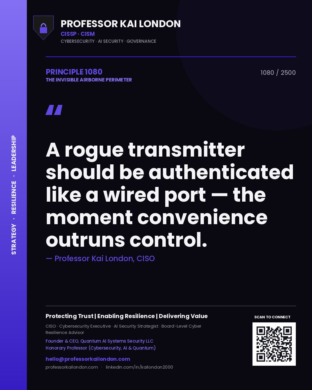 Quote card by Professor Kai London reading 'A rogue transmitter should be authenticated like a wired port — the moment convenience outruns control.'. From the book The Invisible Airborne Perimeter.