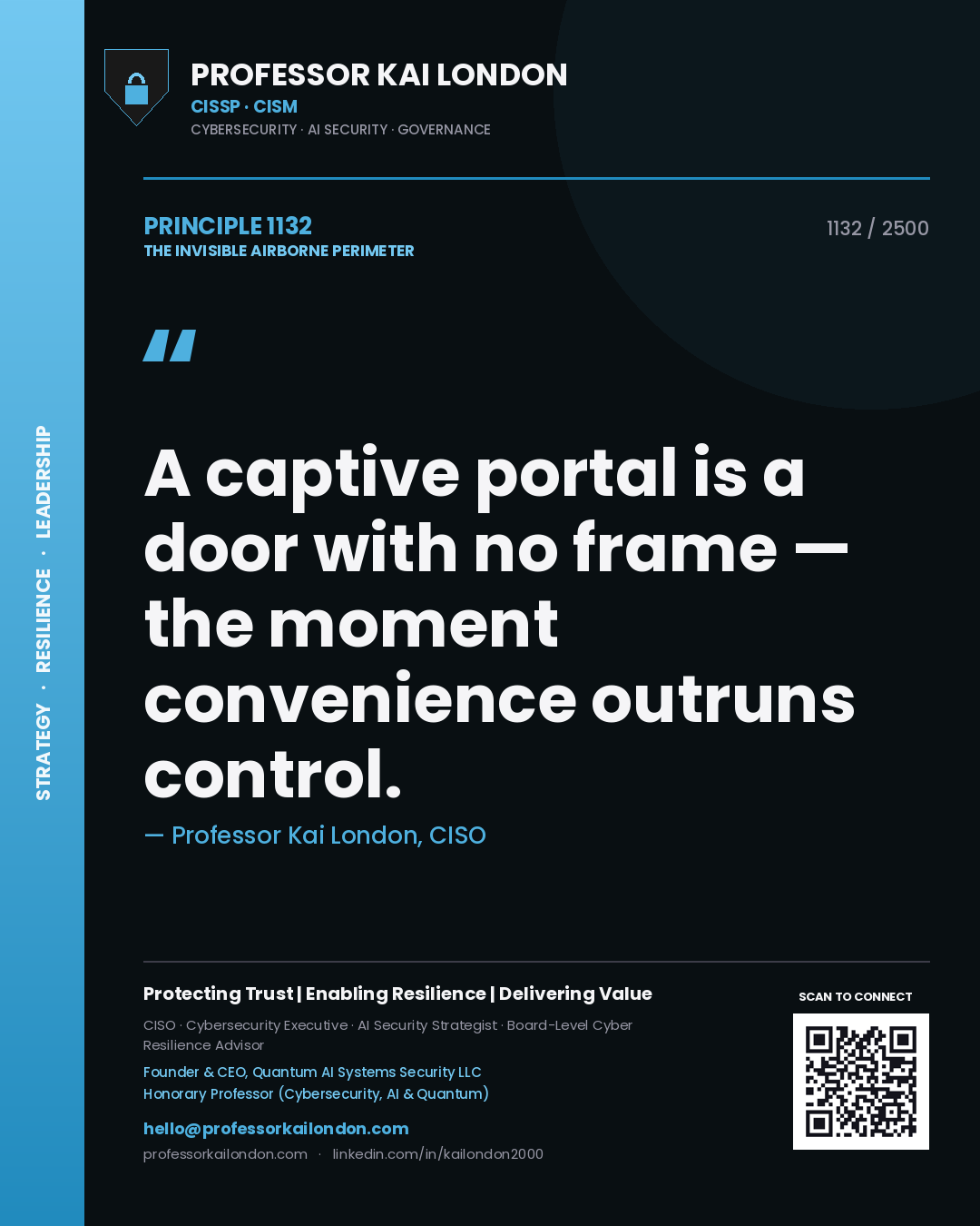 Quote card by Professor Kai London reading 'A captive portal is a door with no frame — the moment convenience outruns control.'. From the book The Invisible Airborne Perimeter.