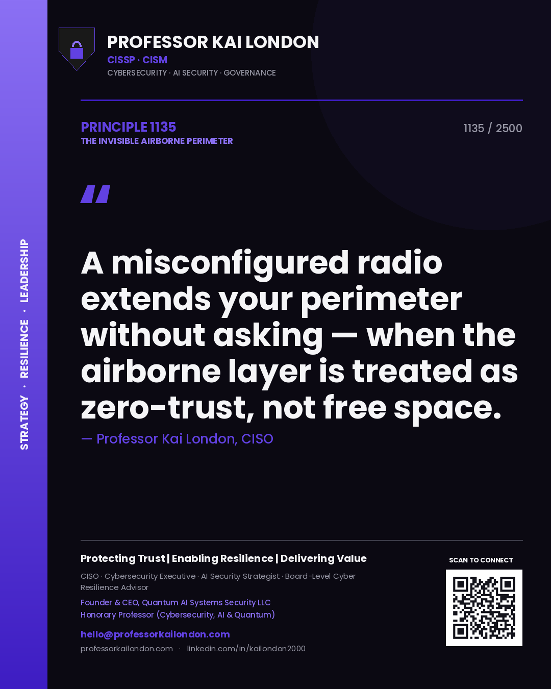Quote card by Professor Kai London reading 'A misconfigured radio extends your perimeter without asking — when the airborne layer is treated as zero-trust, not free space.'. From the book The Invisible Airborne Perimeter.