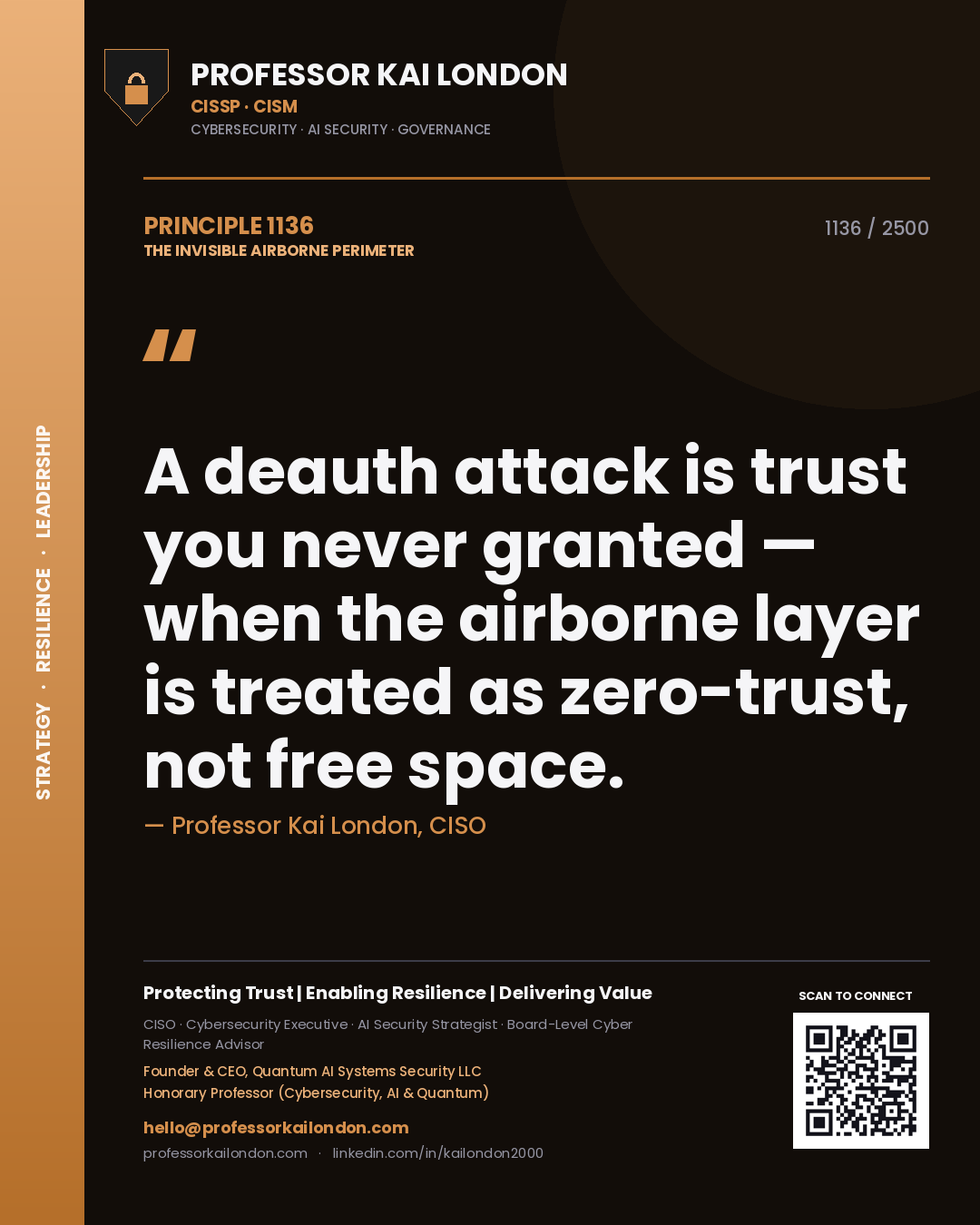 Quote card by Professor Kai London reading 'A deauth attack is trust you never granted — when the airborne layer is treated as zero-trust, not free space.'. From the book The Invisible Airborne Perimeter.