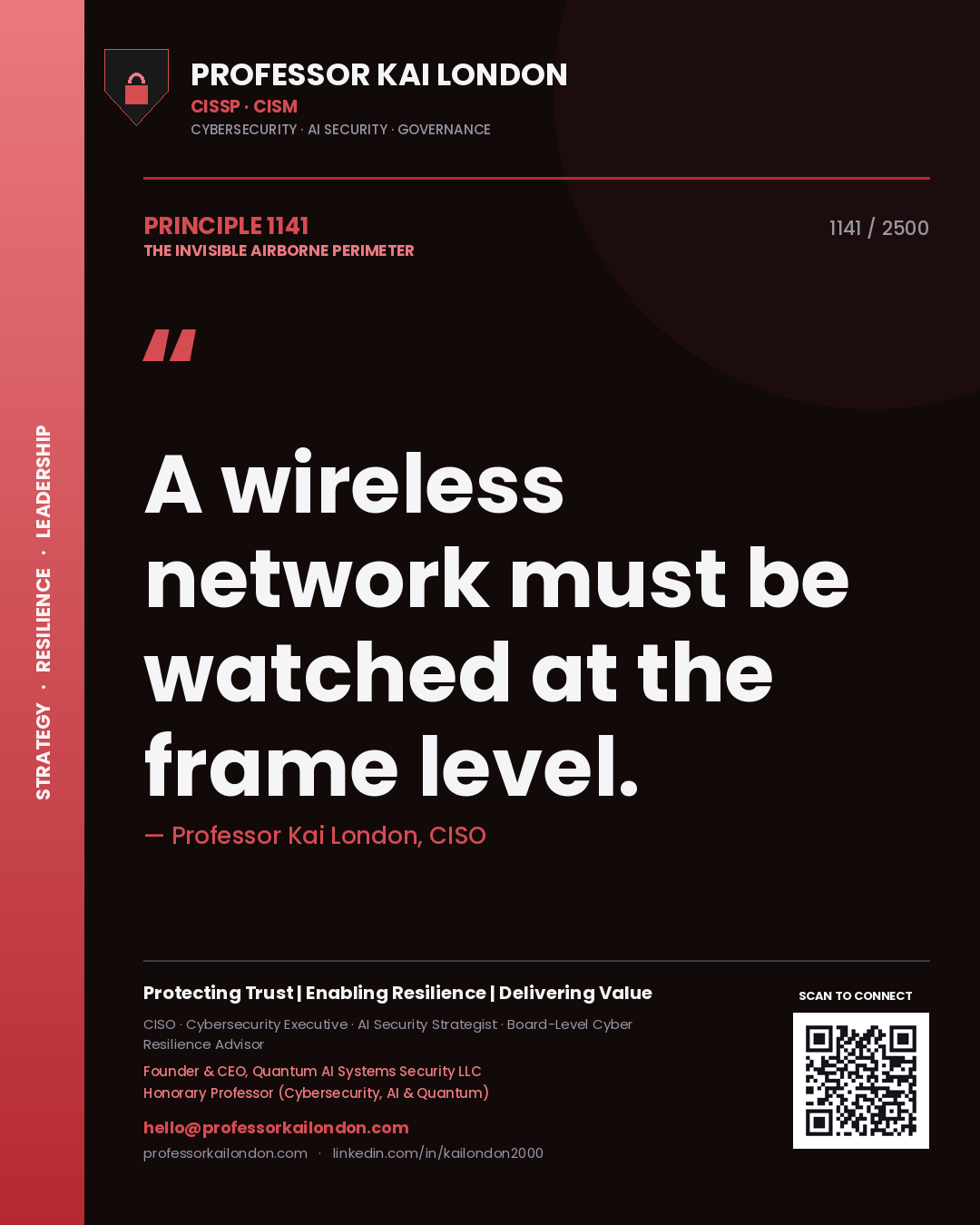 Quote card by Professor Kai London reading 'A wireless network must be watched at the frame level.'. From the book The Invisible Airborne Perimeter.