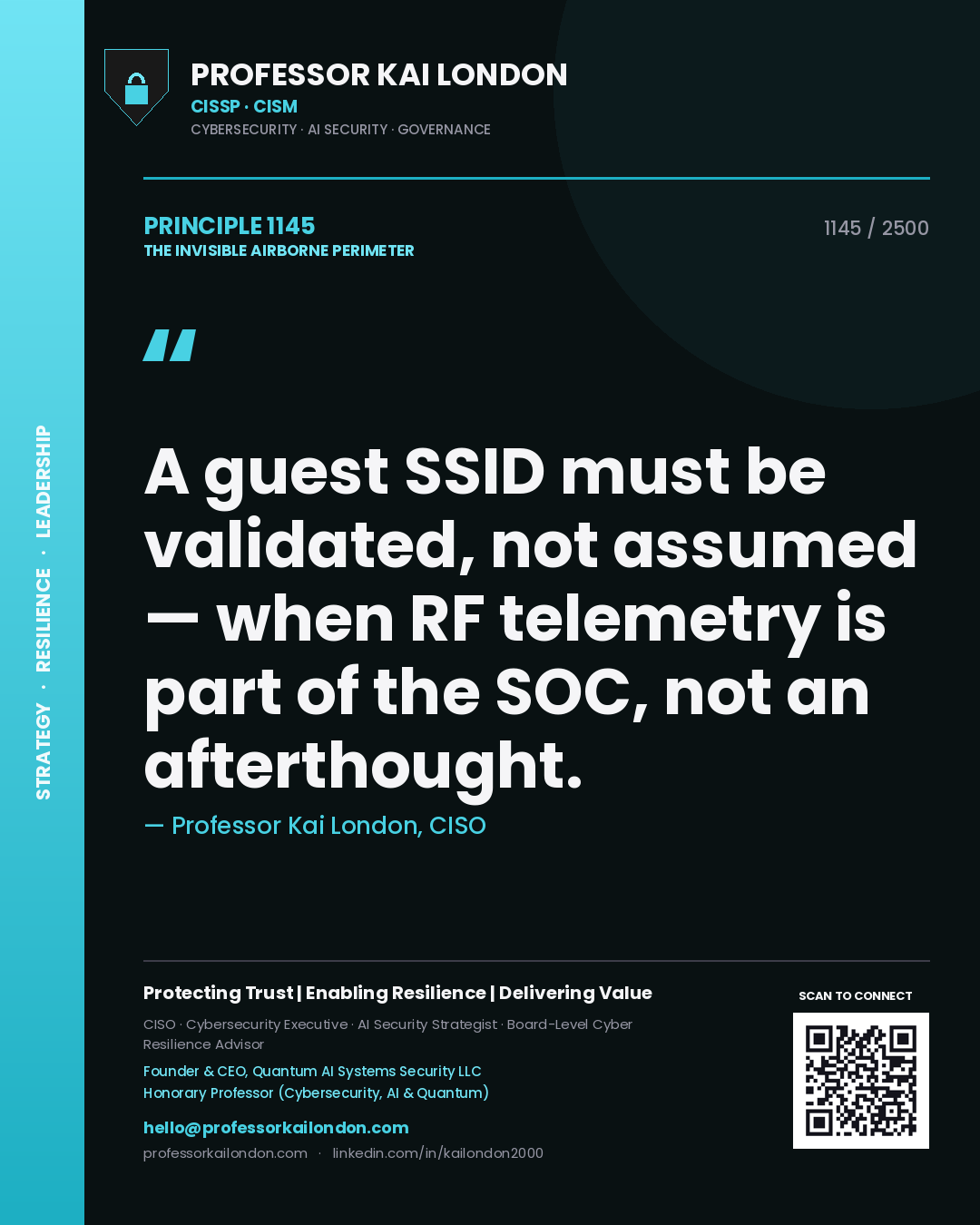 Quote card by Professor Kai London reading 'A guest SSID must be validated, not assumed — when RF telemetry is part of the SOC, not an afterthought.'. From the book The Invisible Airborne Perimeter.