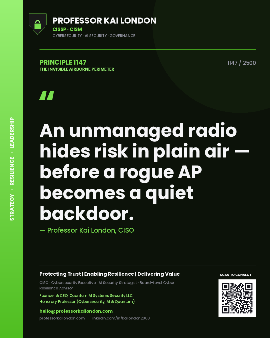 Quote card by Professor Kai London reading 'An unmanaged radio hides risk in plain air — before a rogue AP becomes a quiet backdoor.'. From the book The Invisible Airborne Perimeter.