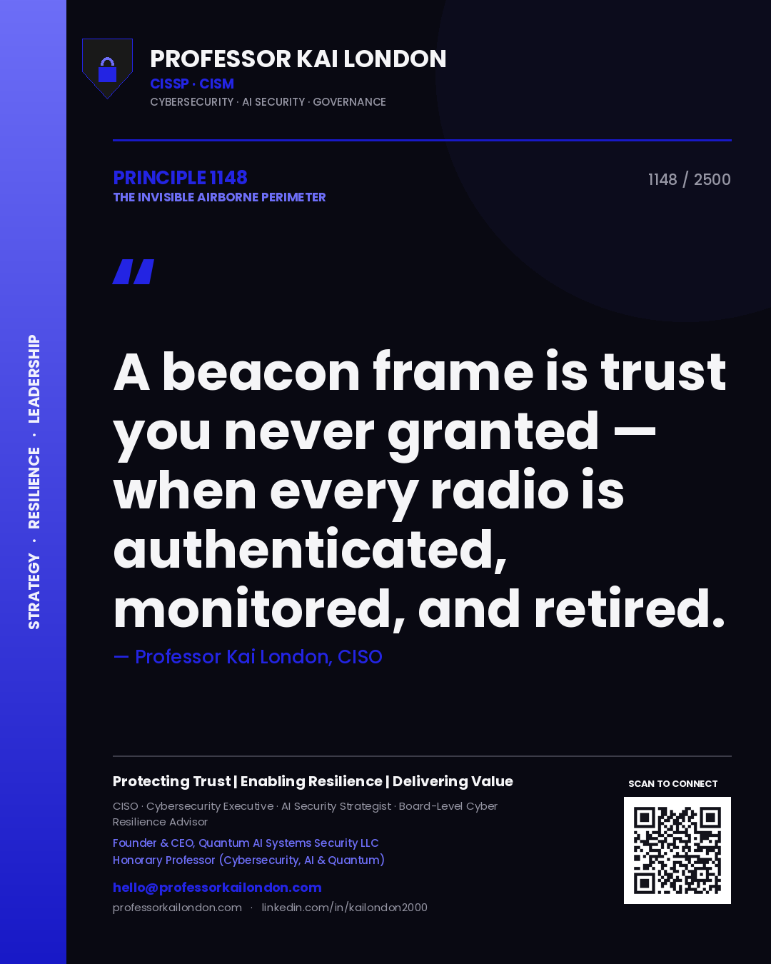Quote card by Professor Kai London reading 'A beacon frame is trust you never granted — when every radio is authenticated, monitored, and retired.'. From the book The Invisible Airborne Perimeter.