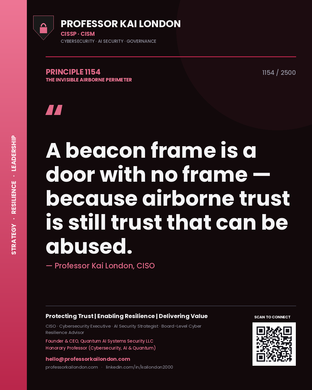 Quote card by Professor Kai London reading 'A beacon frame is a door with no frame — because airborne trust is still trust that can be abused.'. From the book The Invisible Airborne Perimeter.