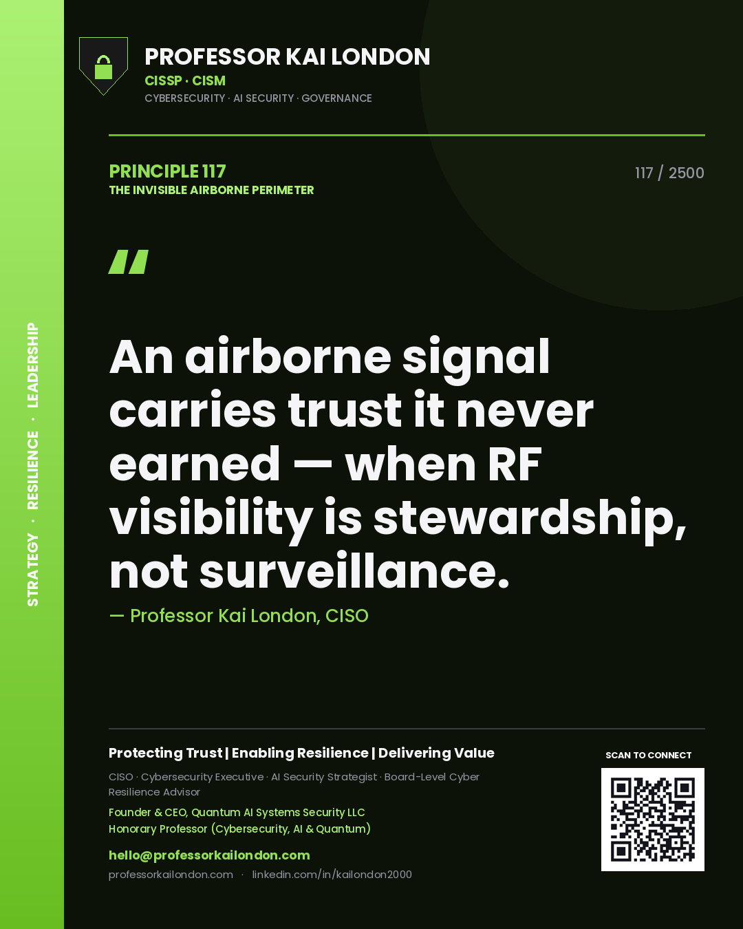 Quote card by Professor Kai London reading 'An airborne signal carries trust it never earned — when RF visibility is stewardship, not surveillance.'. From the book The Invisible Airborne Perimeter.