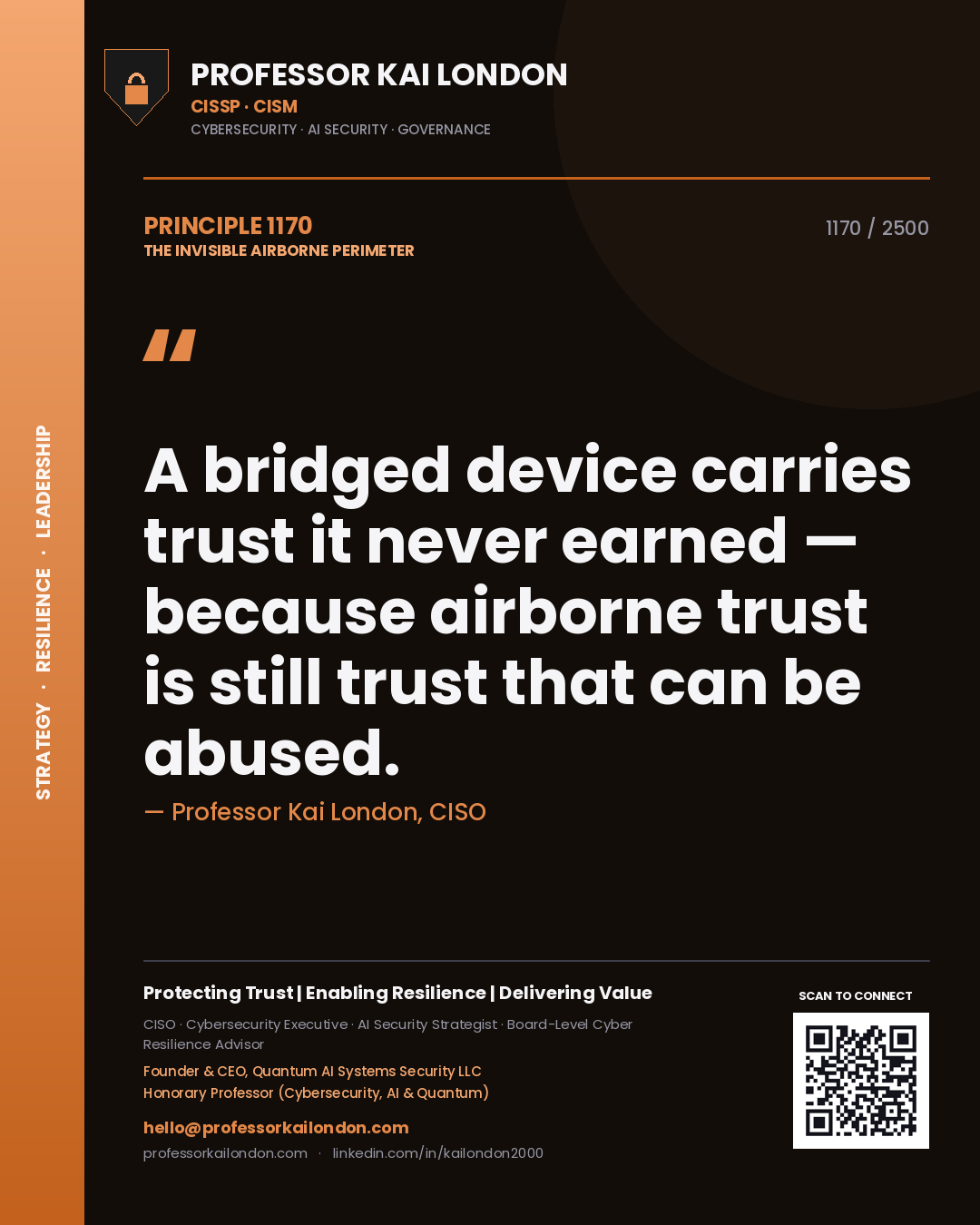Quote card by Professor Kai London reading 'A bridged device carries trust it never earned — because airborne trust is still trust that can be abused.'. From the book The Invisible Airborne Perimeter.