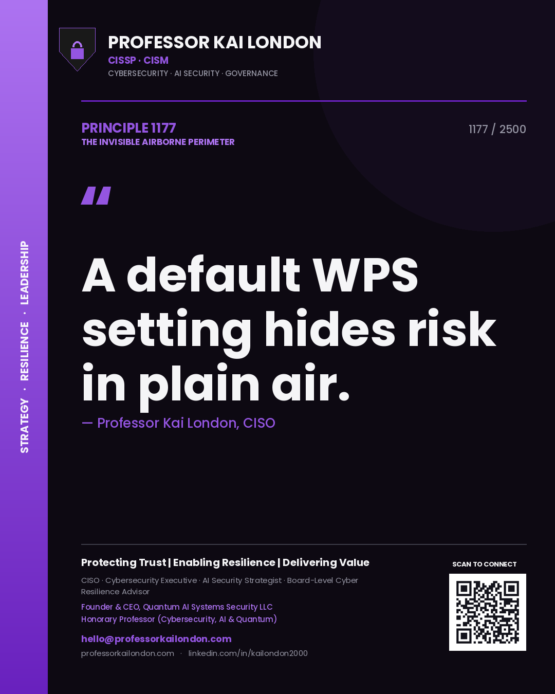Quote card by Professor Kai London reading 'A default WPS setting hides risk in plain air.'. From the book The Invisible Airborne Perimeter.