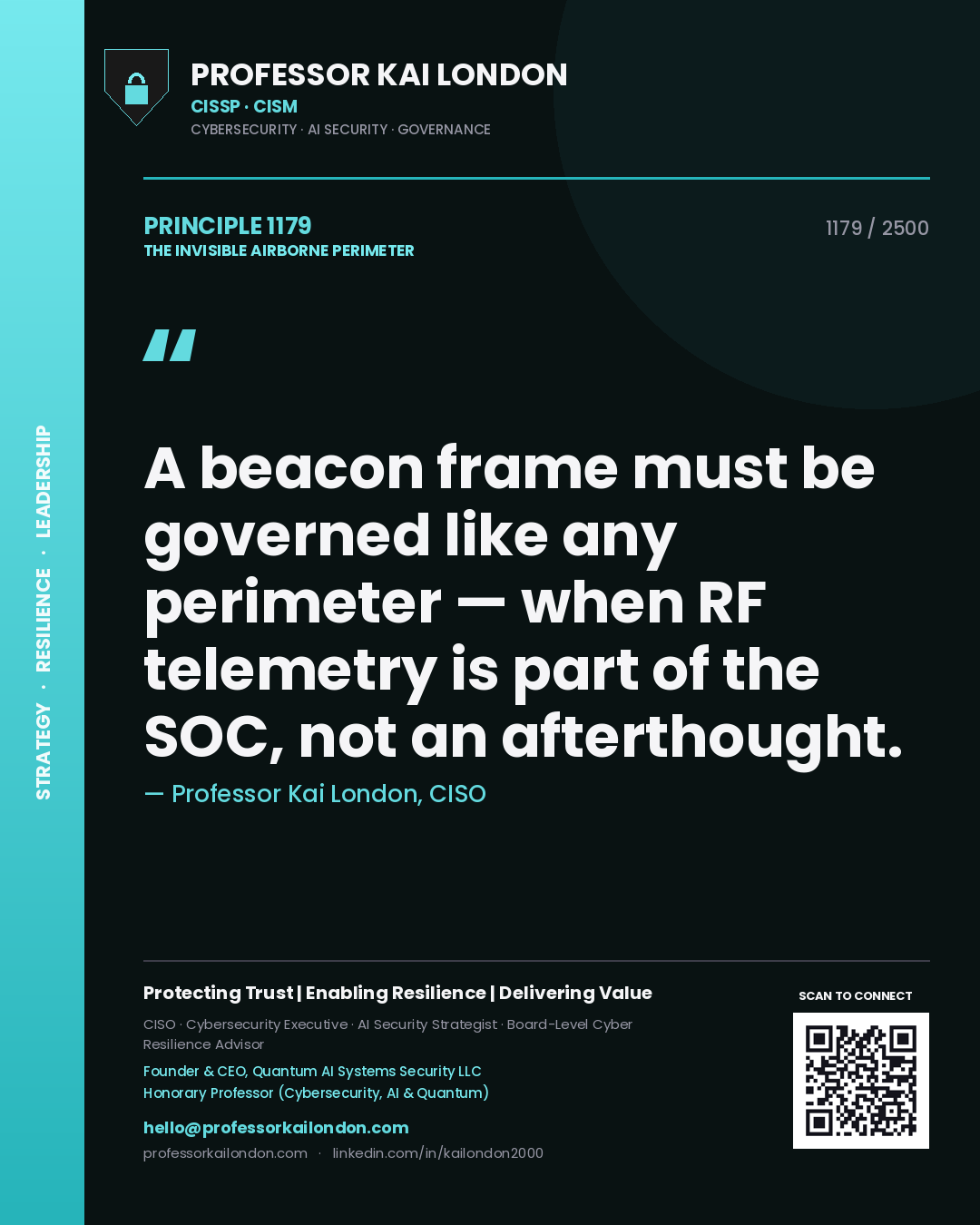 Quote card by Professor Kai London reading 'A beacon frame must be governed like any perimeter — when RF telemetry is part of the SOC, not an afterthought.'. From the book The Invisible Airborne Perimeter.