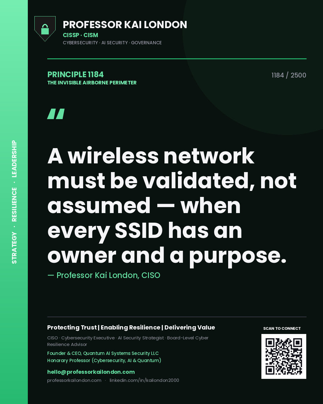 Quote card by Professor Kai London reading 'A wireless network must be validated, not assumed — when every SSID has an owner and a purpose.'. From the book The Invisible Airborne Perimeter.