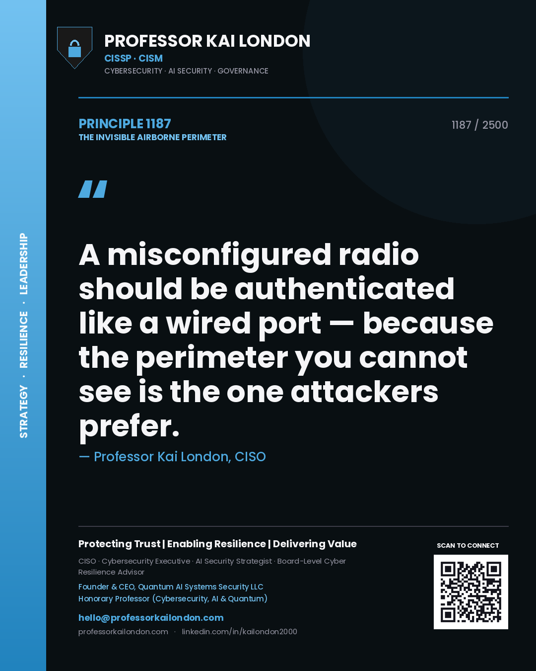 Quote card by Professor Kai London reading 'A misconfigured radio should be authenticated like a wired port — because the perimeter you cannot see is the one attackers prefer.'. From the book The Invisible Airborne Perimeter.