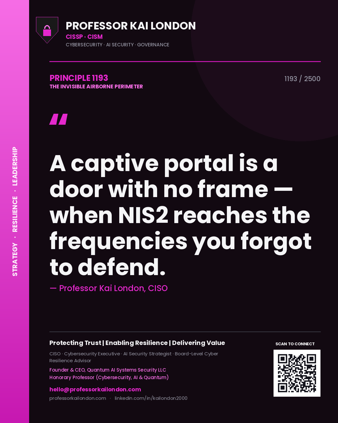 Quote card by Professor Kai London reading 'A captive portal is a door with no frame — when NIS2 reaches the frequencies you forgot to defend.'. From the book The Invisible Airborne Perimeter.