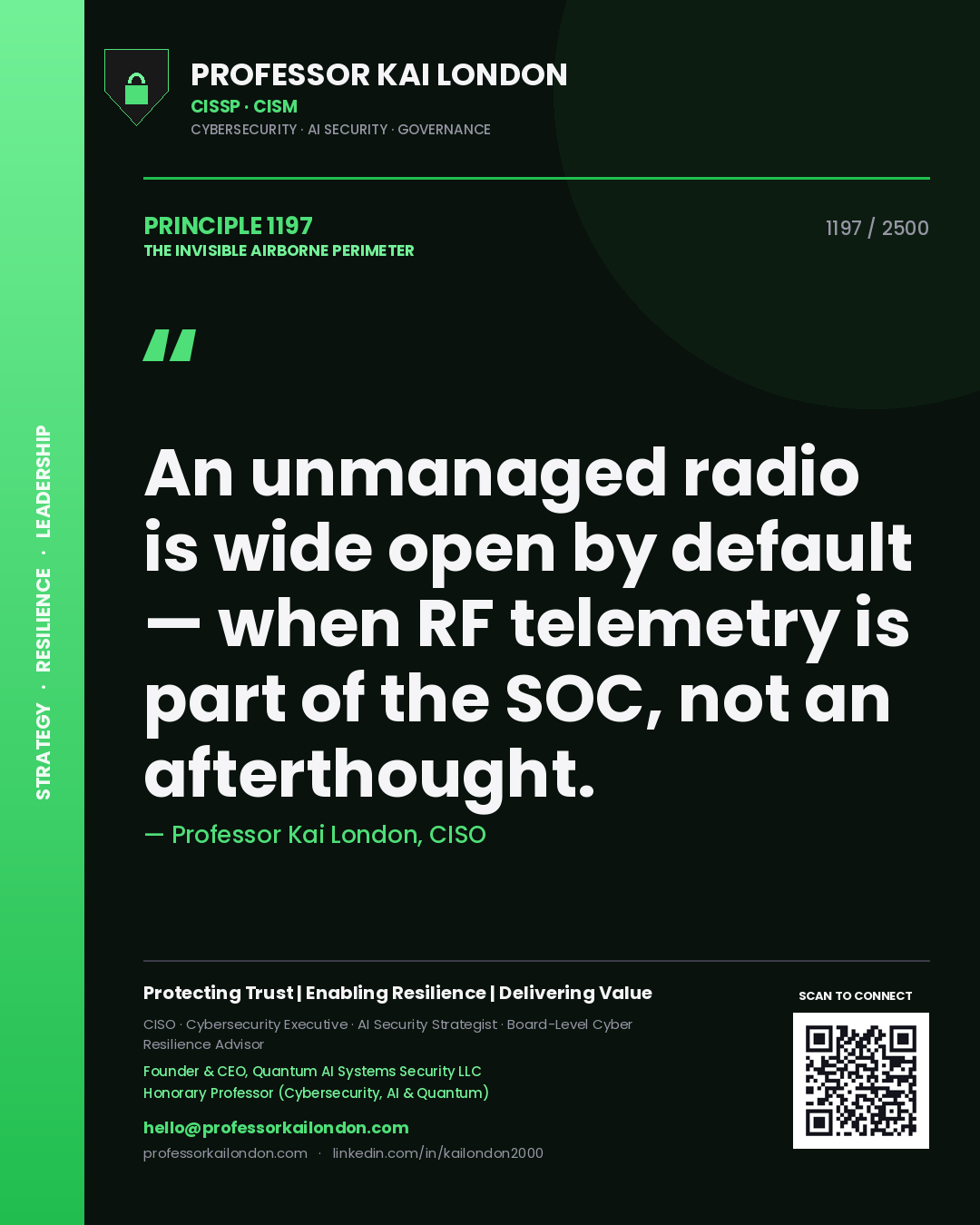 Quote card by Professor Kai London reading 'An unmanaged radio is wide open by default — when RF telemetry is part of the SOC, not an afterthought.'. From the book The Invisible Airborne Perimeter.