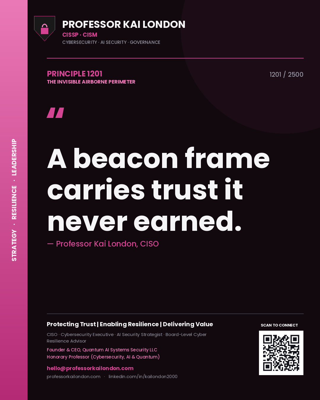 Quote card by Professor Kai London reading 'A beacon frame carries trust it never earned.'. From the book The Invisible Airborne Perimeter.