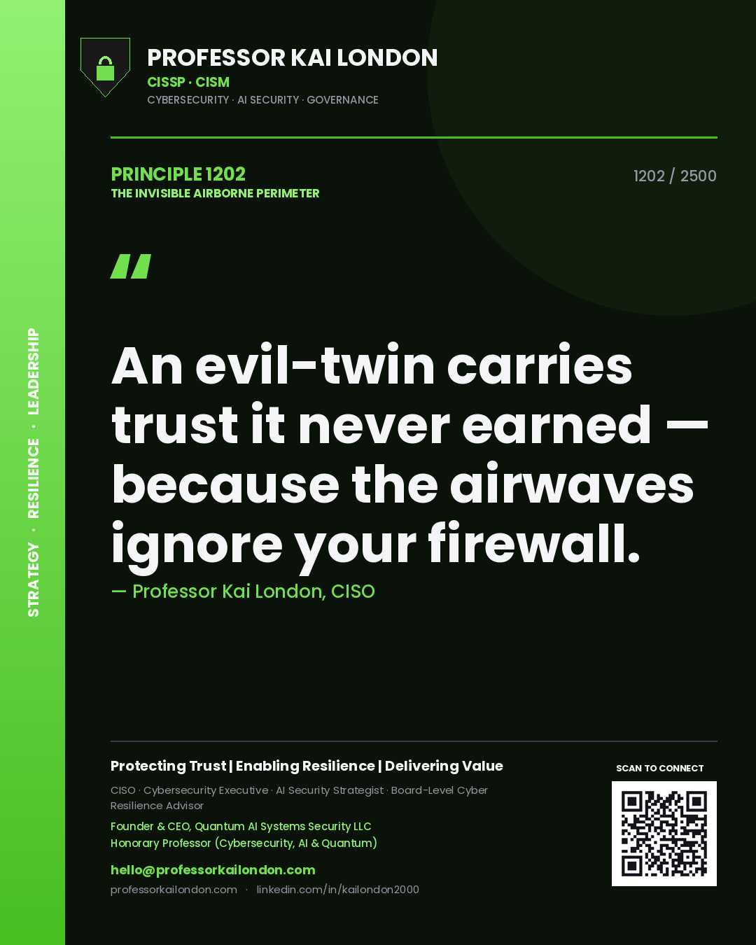 Professor Kai London principle 1202: An evil-twin carries trust it never earned — because the airwaves ignore your firewall.